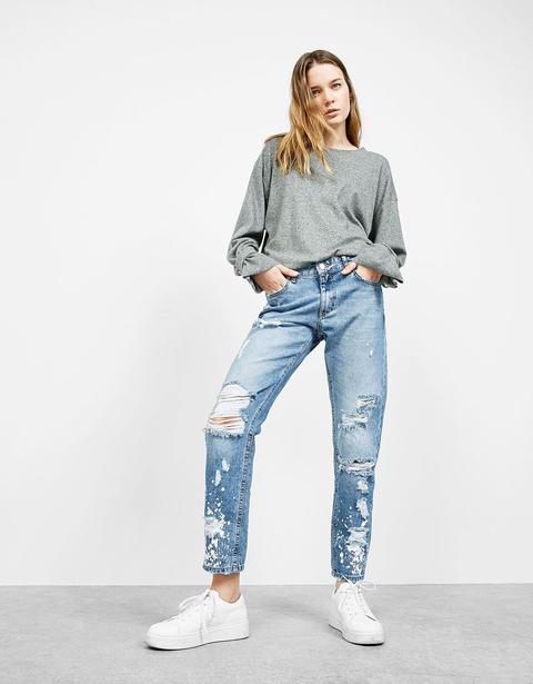 Jeans Slim Boyfriend Rotos Y Manchas Lejía