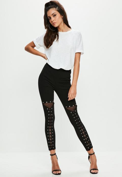 Black Fishnet Insert Lace Up Skinny Trousers, Black