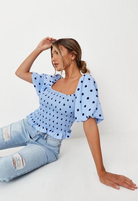 Blue Polka Dot Shirred Puff Sleeve Crop Top, Blue