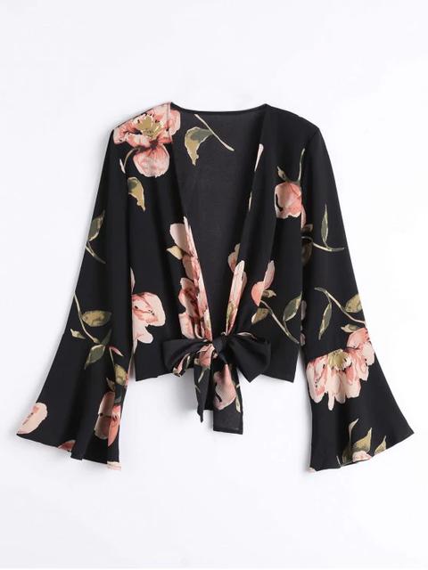 Bowknot Floral Blusa Manga Manga Corta Black