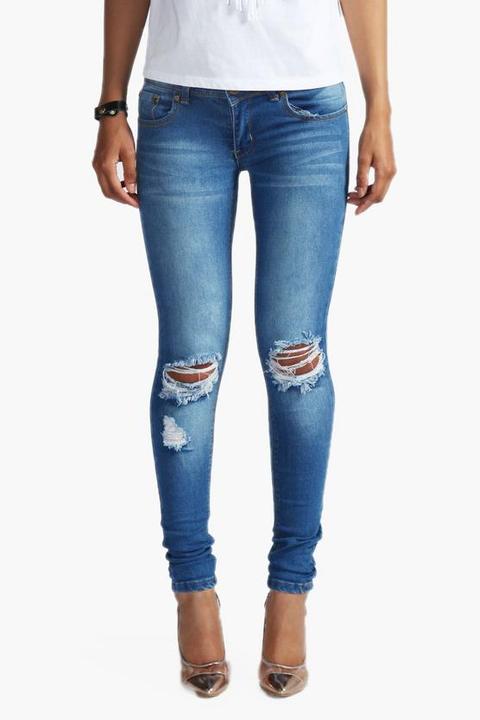 Mid Rise Distressed Rip Knee Skinny Jeans