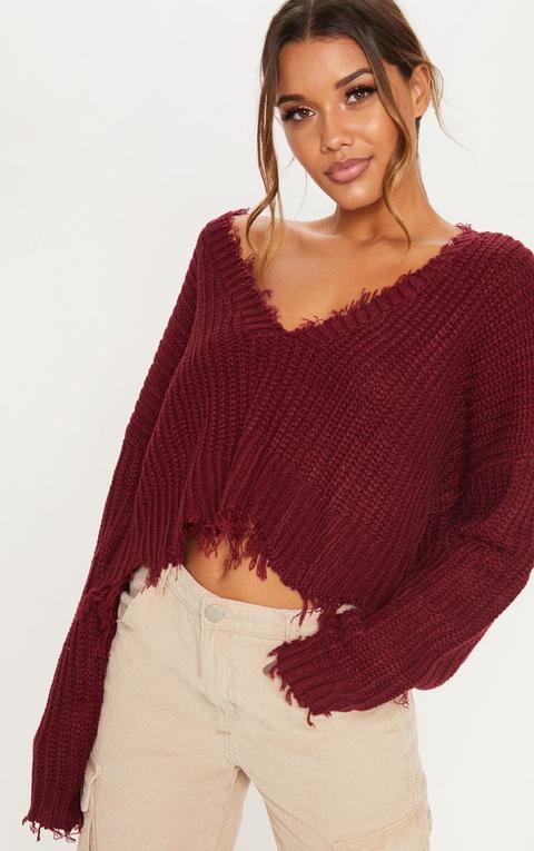 Burgundy Fringe Hem Knitted Jumper