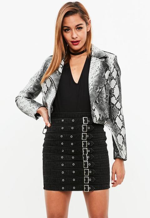 White Faux Snake Biker Jacket, Grey