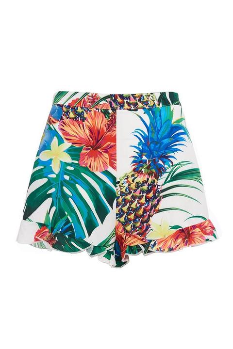 White Green And Coral Tropical Print Shorts