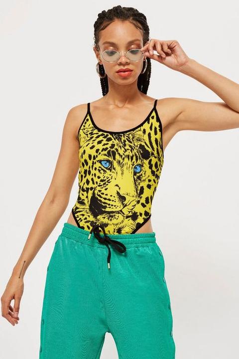 Womens Animal Print High Leg Bodysuit By New Girl Order - Yellow, Yellow