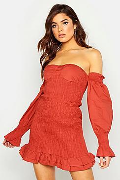 Woven Shirred Cup Detail Bardot Mini Dress