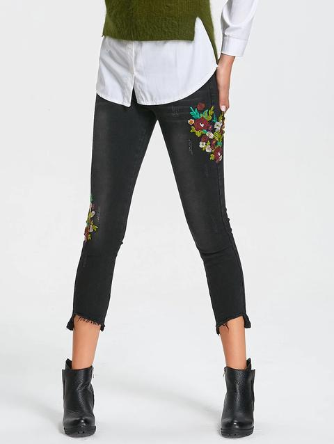 Jeans Bassi Neri Bassi Ricamati Floreali