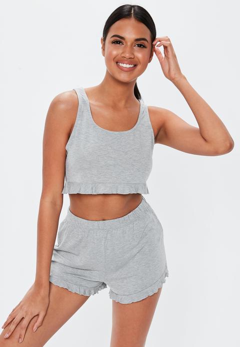 Gris Clair Ensemble Pyjama Short Et Top Gris À Froufrous