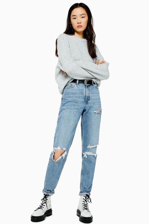 Womens Mid Blue Ripped Mom Jeans - Mid Stone, Mid Stone