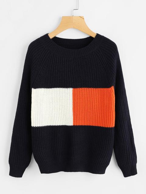 Raglan Sleeve Color Block Knit Sweater