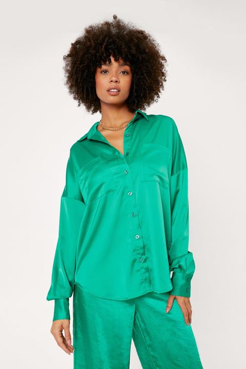 Womens Oversized Long Sleeved Button Down Satin Shirt