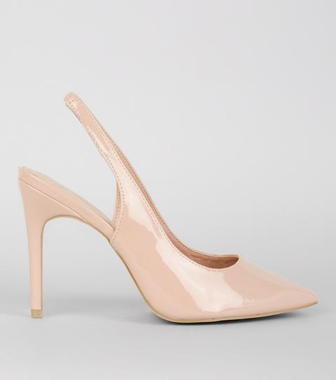 Wide Fit Nude Pink Patent Pointed Sling Back Heels