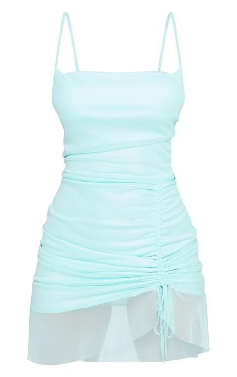 Aqua Blue Strappy Mesh Ruched Bodycon Dress