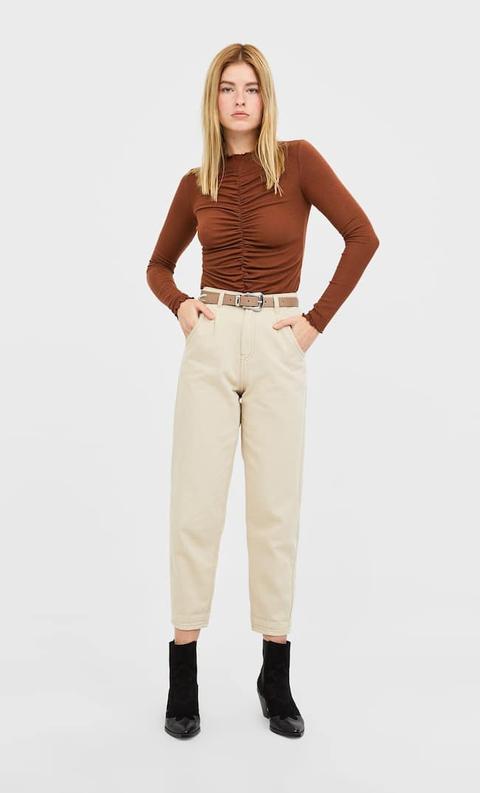 T-shirt With Gathering In Tan