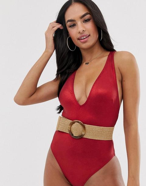 Bañador Escotado De Canalé Metalizado Con Cinturón De Asos Design-rojo