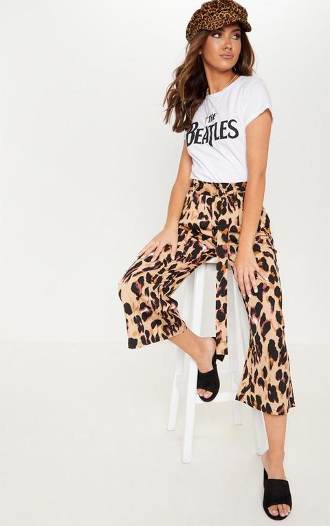 Tan Satin Leopard Print Culotte Trouser, Brown