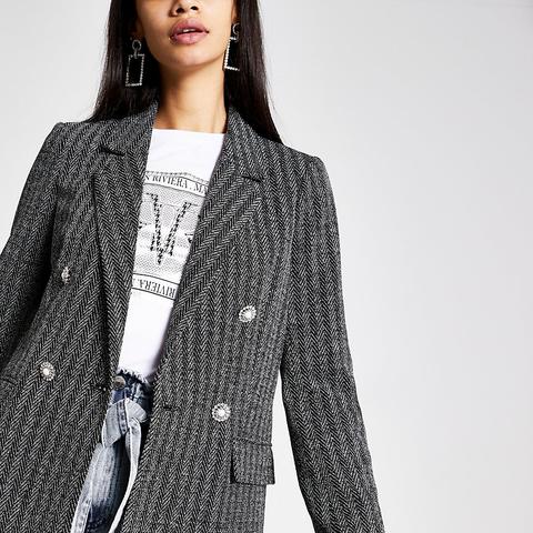 Grey Herringbone Check Button Blazer