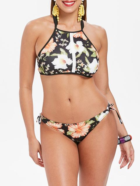 Floral Print Backless Cropped Top Bikini Set - S