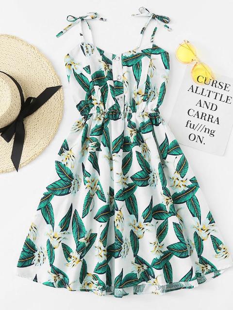 Vestido De Tirante Fruncido Con Estampado De Hoja