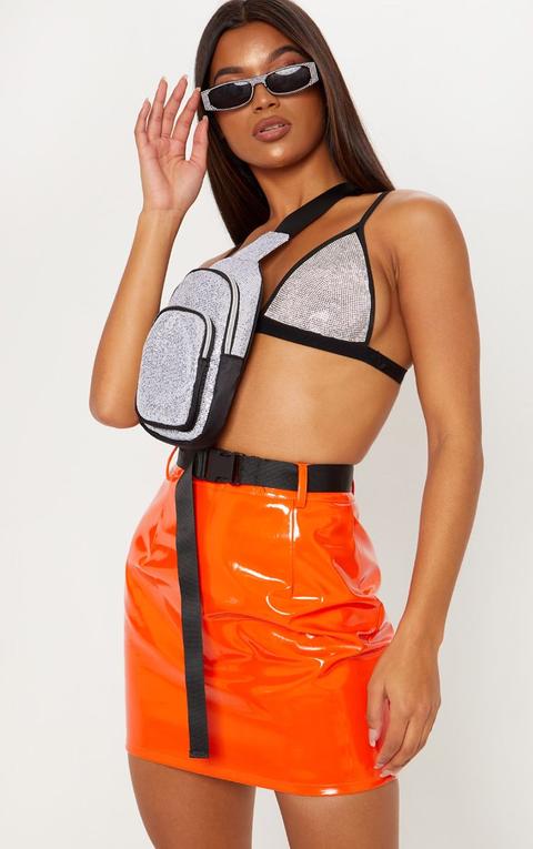 Orange Vinyl Zip Detail Belted Mini Skirt