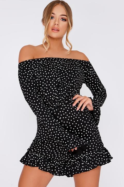 Black Playsuits - Billie Faiers Black Polka Dot Bardot Bell Sleeve Playsuit