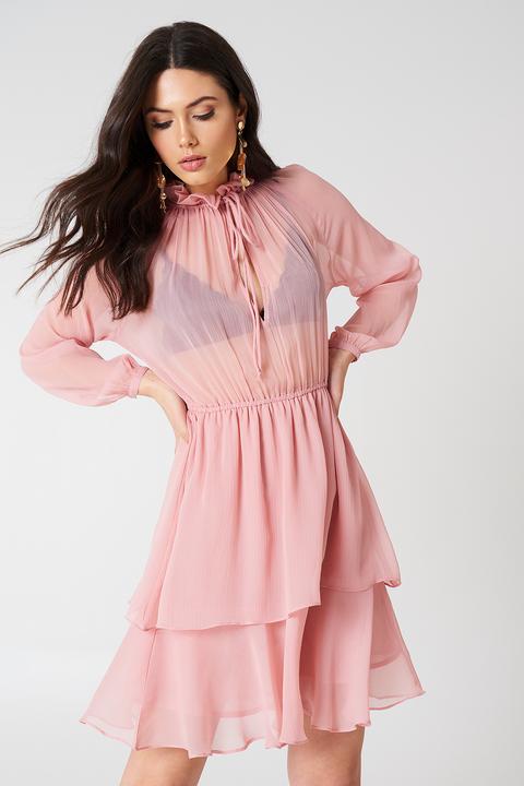 Na-kd Boho High Frill Neck Dress - Pink
