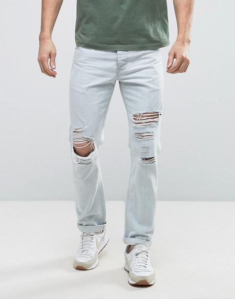 Vaqueros De Corte Slim Con Rotos Grandes Y Lavado Azul Descolorido De Asos