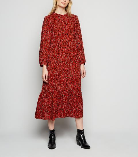 Red Abstract Spot Tiered Smock Midi Dress New Look