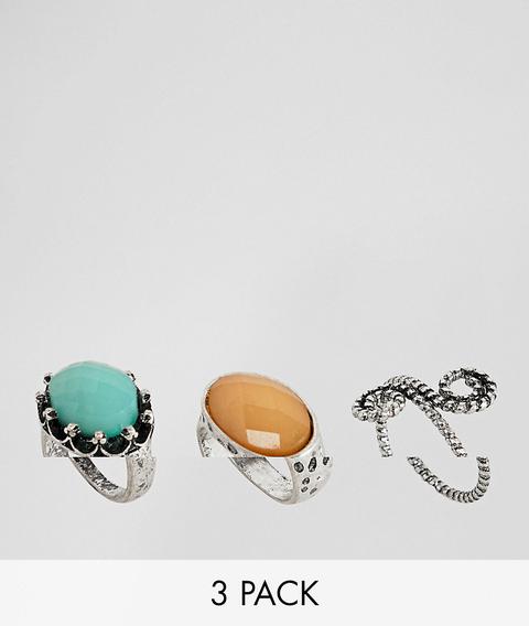 Pack De 3 Anillos Repujados Con Detalle De Piedras Facetadas De Asos Design