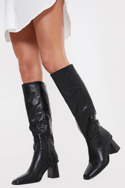 Black Boots - Black Pu Knee High Heeled Boots