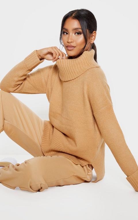 Camel Roll Neck Fluffy Jumper