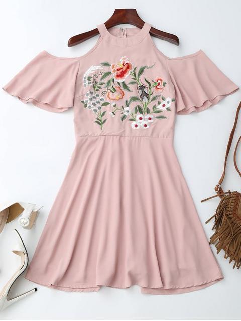 Jewel Neck Cold Shoulder Floral Embroidered Dress