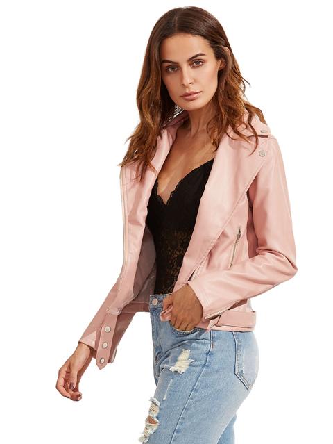 Pink Long Sleeve Lapel Zipper Jackets