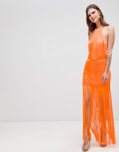 Asos Design Dropped Waist Fringe Maxi Dress-orange