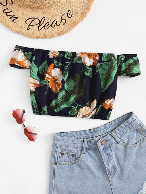 Off Shoulder Floral Print Crop Top