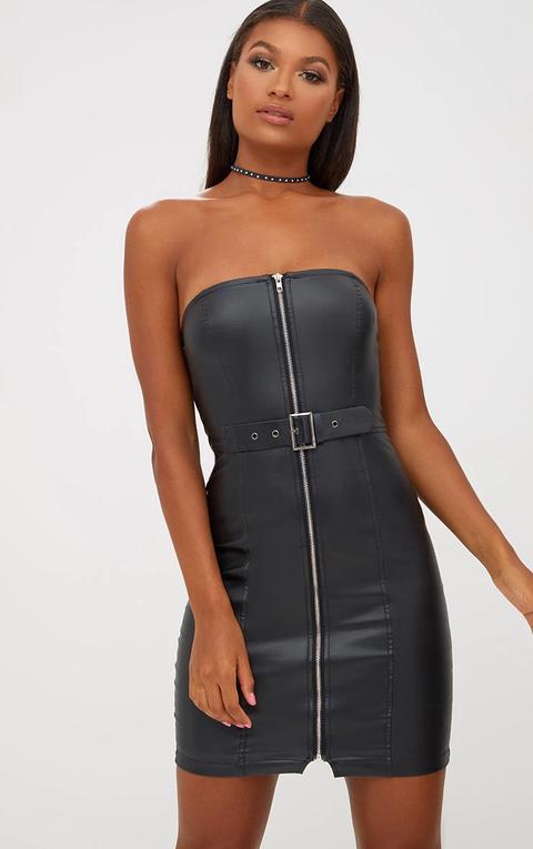 Black Faux Leather Belt Detail Bodycon Dress