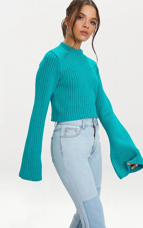 Emerald Green Flared Sleeve Cropped Knitted Jumper, Emerald Green