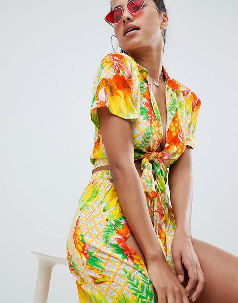 Asos Design Tropical Tie Front Beach Shirt