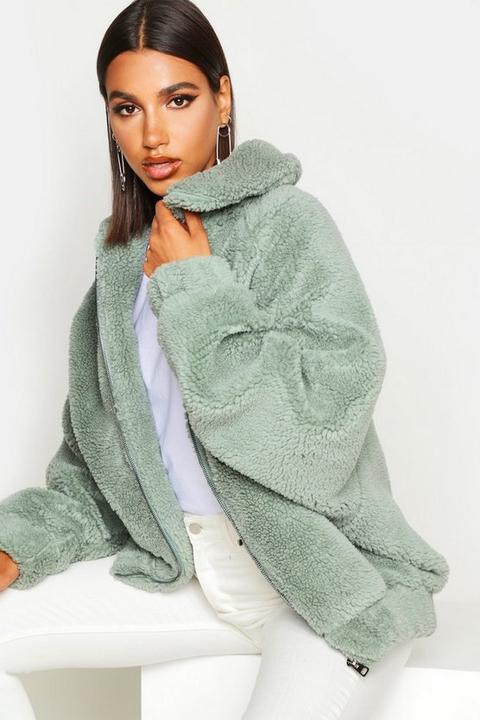 Bomber Oversize Teddy En Fausse Fourrure - Vert Mastic - 36, Vert Mastic