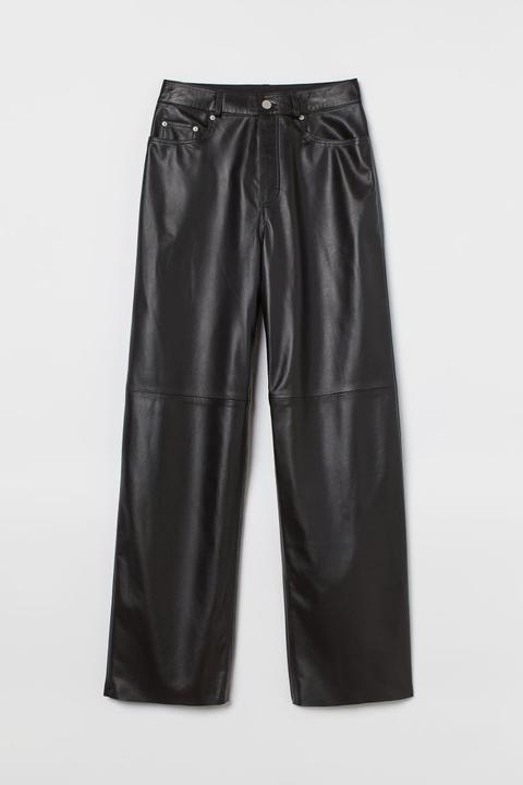 Pantalón De Piel Corte Recto - Negro