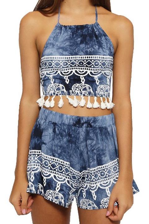 Halter Crop Top And Ethnic Print Shorts Suit