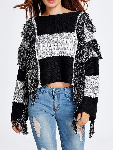 Warm Striped Fringed Cropped Sweater