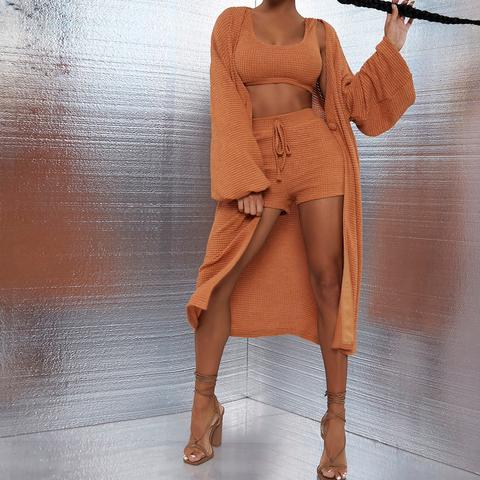 Solid Tank Top & Knot Front Shorts Set With Coat