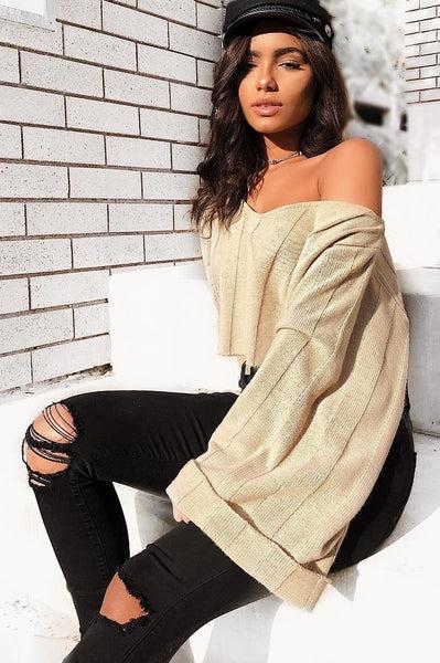 Stone Striped Cropped Batwing Jumper - Karri