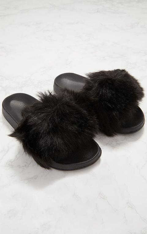 Black Faux Fur Slider, Black