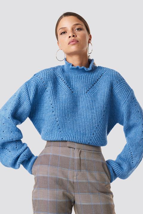 High Neck Pattern Knitted Sweater Blue