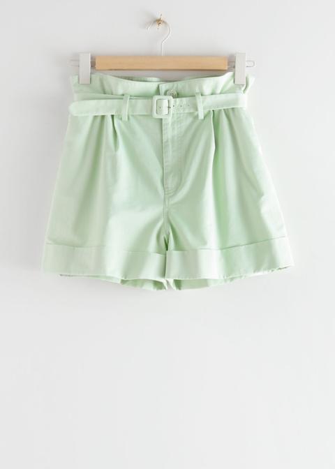 Belted Paperbag Waist Shorts - Green