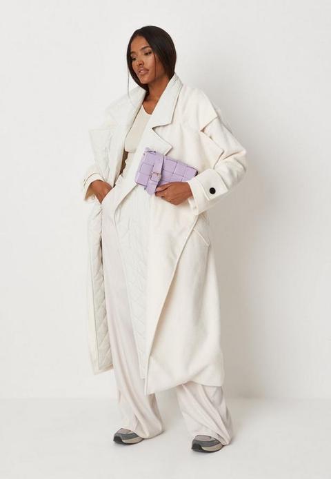 Cream Quilt Lining Detail Belted Extreme Oversized Trench Coat, Cream