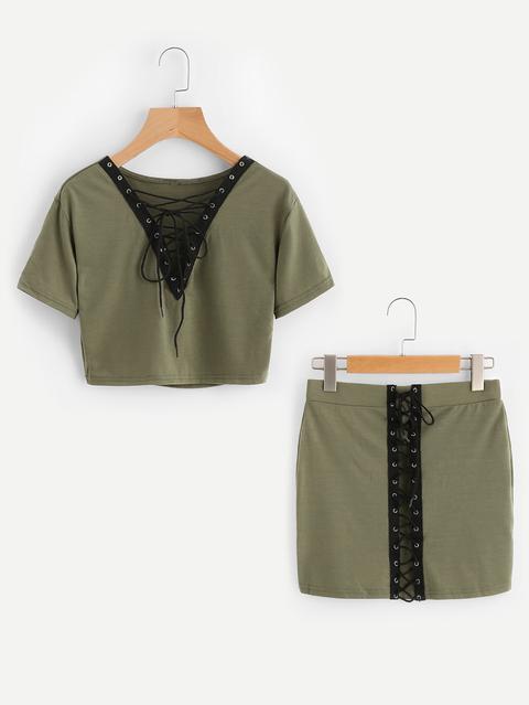 V-neckline Lace Up Tee With Skirt