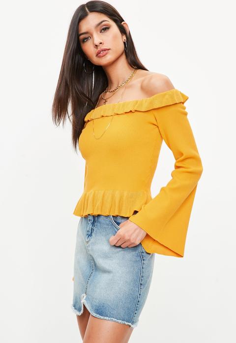 Yellow Frill Bardot Knitted Top